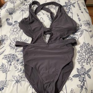 Grey/purple cut out one piece swim with back tie